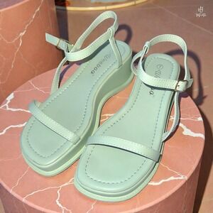 Fashion Nova 7‎ Green Mint Platform Wedge Sandals Vegan Retro Square Toe Y2k 90s